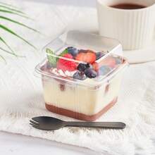 300 Square Plastic Dessert Cups With Lids And Forks, 8oz And 12oz (With Lids And Forks), Square Dessert Cups With Spoons, Disposable Party Cupcake Boxes, Mousse Cups, Ice Cream Cups, Pudding Cups, Snack Cups, And Fruit Cupcake Cups. - W10-8 - 查看 6