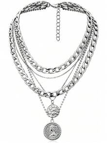 Layered Coin Pendant Necklace, Vintage Gold-Plated Thick Chain Layered Necklace, Aesthetic Exaggerated Round Pendant Collarbone Necklace For Women - 銀色 - 查看 1