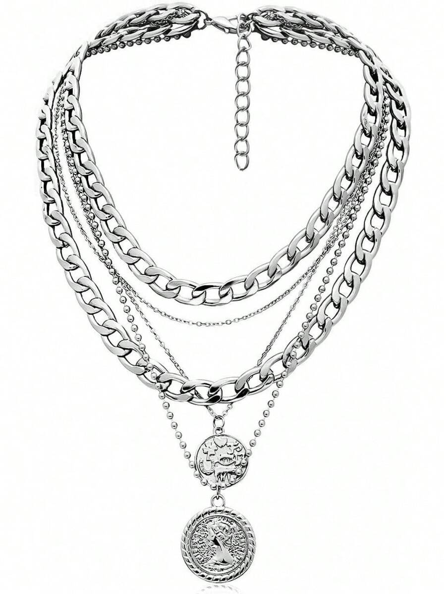 Layered Coin Pendant Necklace, Vintage Gold-Plated Thick Chain Layered Necklace, Aesthetic Exaggerated Round Pendant Collarbone Necklace For Women - 銀色 - 查看 1