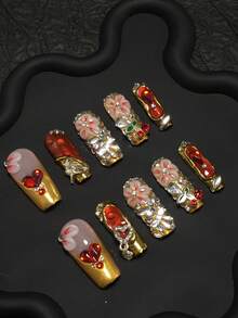 10-Piece Handmade Square False Nails - Rooted In A "Glamorous Sweet-Cool" Vibe, They Combine Vivid Hues Of Red, Gold And Pink, Paired With Decorative Elements Like Rhinestones, 3D Flowers, Hearts And Cherries. Some Tips Feature 3D Designs (E.G., High-Heel Shapes) To Boost Delicacy And Stylization - Nhiều màu - Xem 3