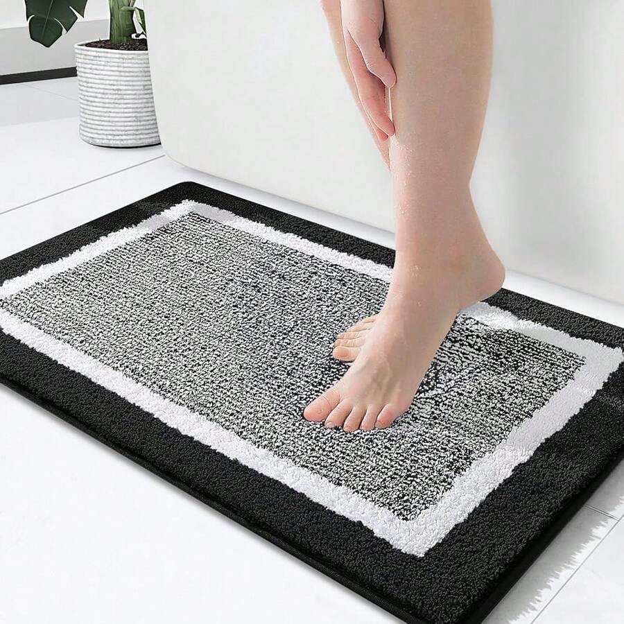 Bathroom Rugs 24x16, Extra Soft And Absorbent Microfiber Bath Mat, Non-Slip, Machine Washable, Quick Dry Shaggy Bath Carpet, Suitable For Bathroom Floor, Tub, Shower (Black And White){Inchcolor_nameinch:InchBlackandWhiteinch,Inchsize_nameinch:Inch24\Inchx16\Inchinch} - 黑白 - 查看 1