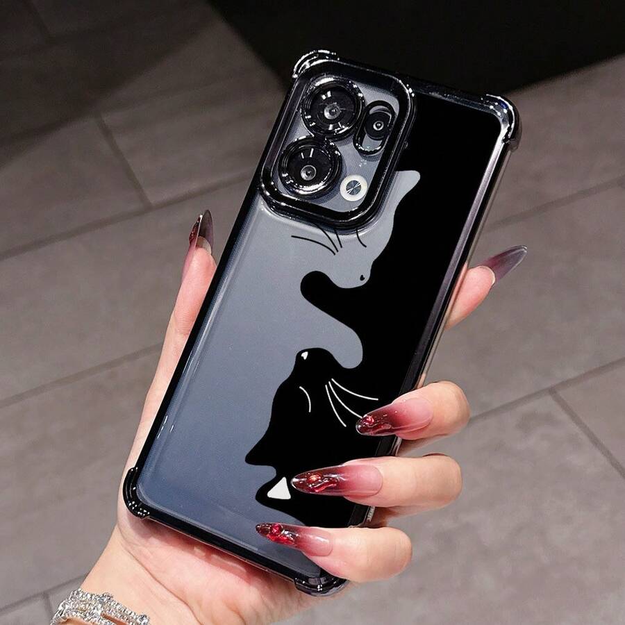 Funda de Teléfono de Diseño Creativo de Lujo Minimalista con Silueta de Gato en Blanco y Negro, Compatible con OPPO Realme 14, 13, 11 Pro Plus, C75, C55, C53, C35, C33 4G/5G, Marco Electrochapado, Cubierta Trasera Transparente Antigolpes - Mezcla de colores - Ver 1