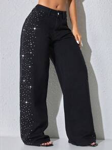 低腰阔腿休闲黑色斜口袋曲线女式牛仔裤，重珠饰 - 黑色 - 查看 6