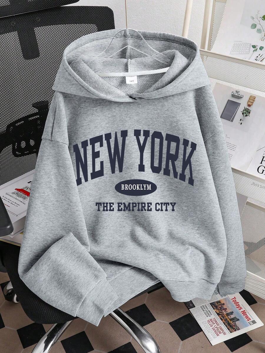 Teena Girl Clothes Letter Pattern Printed Hooded Sweatshirt - Comfortable Long-Sleeved Casual Pullover, Machine Washable, Daily Essential, Loose Style, Suitable For Both Boy And Women, Street Style, Suitable For School, Vacation, Shopping, Sports And Other Occasions - Grey - View 1