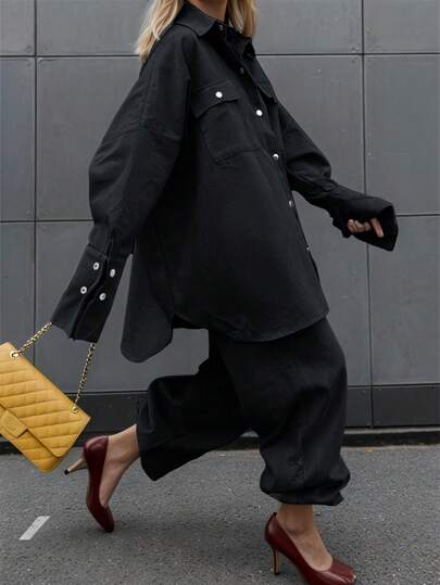 Women's Two Pieces Black Plus Size Shirt & Pants Set, Elegant Casual Style With Button Details, Suitable For Office & Daily Wear, Curve-Friendly Outfit For Fall/Winter, Perfect For Thanksgiving & Christmas Gatherings, Plus Size Elegant Suits