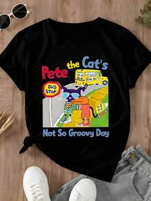 Pete The Cats Not So Groovy Day T Shirt Cartoon School Bus Stop Design Women's Tee - 黑色 - 查看 2