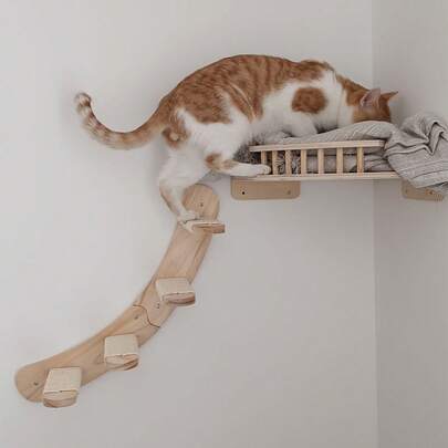 Natural Pine Wood Cat Wall Shelf, Cat Perch, Cat Steps, Wall Corner Cat Hammock, Cat Wall Furniture For Playing, Climbing And Resting