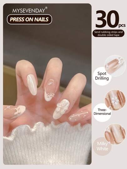 30 Pieces Press On Nails Almond /Long Floral Three-Dimensional White Bow Paired With Faux Pearl French Style Small Fragrance Nail Art Nail Plate/Perfectly Fitting Acrylic Fake Nail Set, Including 1 Jelly Glue And 1 Nail File, Suitable For Women's Daily Work, Study, And Gatherings In Autumn And Winter Nail Products Suitable For Gatherings, Festivals , And Daily Use Nail Supplies