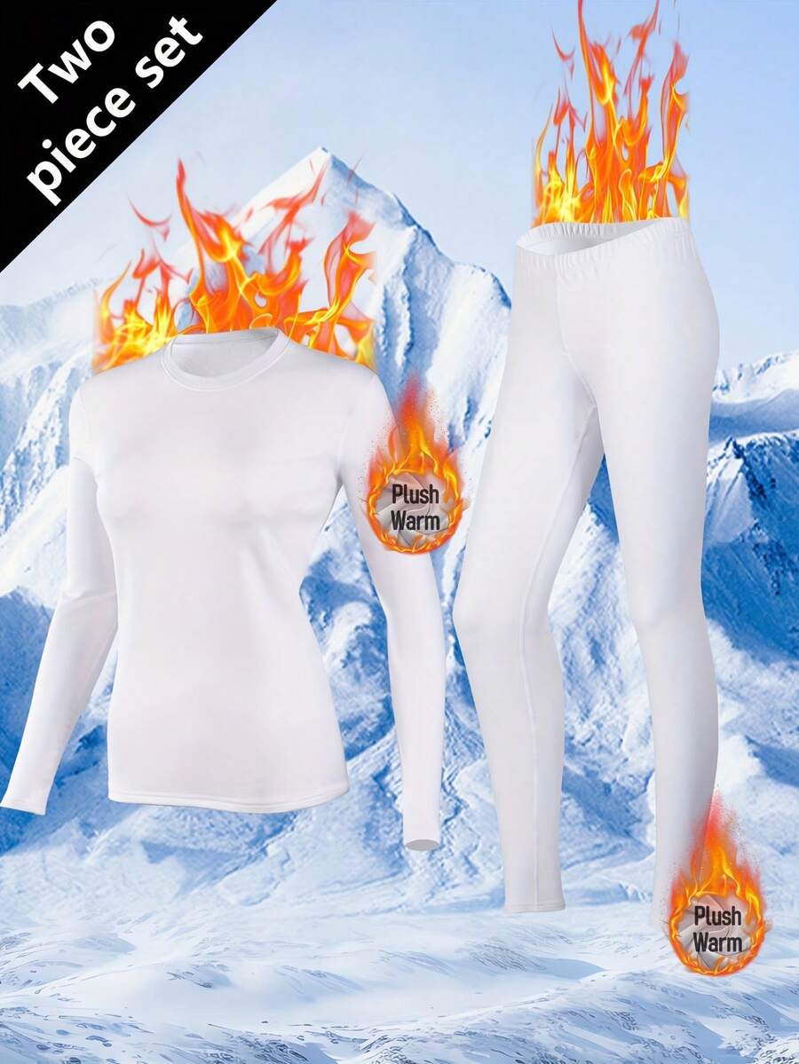 2pcs Women's Thermal Underwear Set, Warm Fleece Soft Fabric, Suitable For Daily Casual, Fitness, Skiing, Base Layer, Women Autumn/Winter Warm Outfit