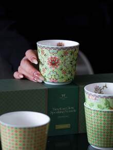 مجموعة أكواب بورسلين مزخرفة بالزهور الشرقية 1/4 قطع، مجموعة هدايا 4 أكواب شاي/قهوة يدوية، أكواب سيراميك خضراء أنيقة مزينة بأنماط زهرية تقليدية، مثالية كهدايا عيد ميلاد وأعياد وديكور المنزل - متعدد الألوان - مشاهدة 3