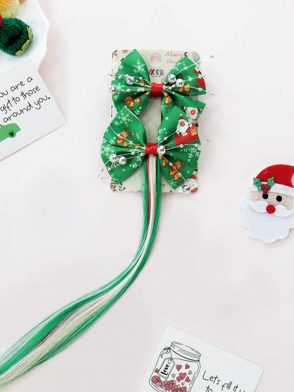 Set de accesorios para el cabello navideños: Lazo con estampado de Papá Noel + Pasadores a juego con detalles de cuentas plateadas, decoración llamativa para fiestas y reuniones festivas