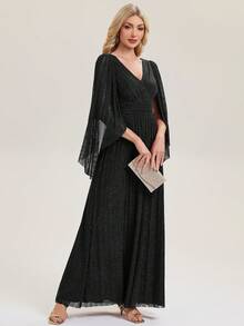 EVERPRETTY Elegante vestido de noche maxi con cuello en V negro, plisado y mangas de murciélago fluidas, adecuado para fiestas formales y galas - Negro - Ver 3