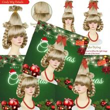 Blonde Braided Wig With Red-Bow Earrings Christmas Cindy Wig With Accessories For Halloween Christmas Costume Party - 金髮辮子 - 查看 1