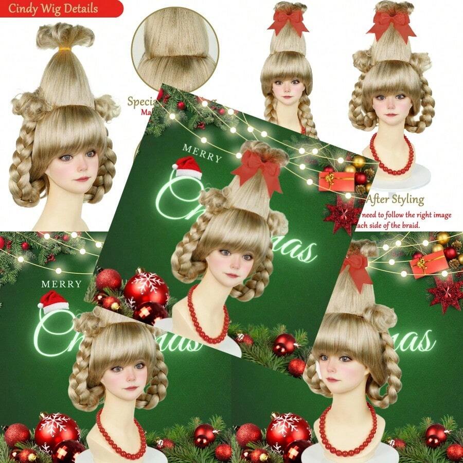 Blonde Braided Wig With Red-Bow Earrings Christmas Cindy Wig With Accessories For Halloween Christmas Costume Party - 金髮辮子 - 查看 1