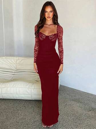 时尚性感蕾丝拼布修身长袖连衣裙