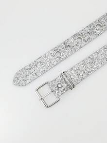 Spicy Girl Belt For Women Fashion  Eye Shiny Style Western Y2K Rhinestone Buckle Wide Waist Belt Waist Chain - 2.3寬水鑽扣車邊珠銀色 - 查看 9