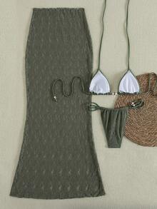 PEPPERMOLLY 三件套性感蕾丝比基尼套装，女士流苏串珠装饰沙滩泳装，高腰罩衫，泳衣上下装，夏季度假 - 綠色 - 查看 10