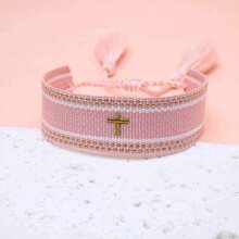1pc Embroidered Cross Boho Handmade Braided Tassel Bracelet - Baby Pink - View 3