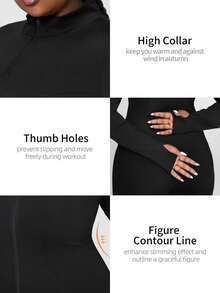 Plus Size Slim Fit Curve Flattering Sports Jacket, Black, Thumb Hole, Super Breathable, Full Zip Stand Collar, Slim Fit Slimming, Free Movement, Suitable For Autumn/Winter Fitness, Running, Casual Wear - Black - View 6