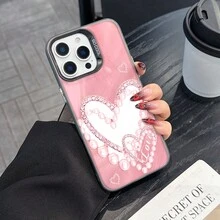 Colorful Silver Apple Phone Case Delicate Pink Pearl Heart Cell Phone Shell - Love In Pearls Compatible With  11 To  17 Models The Cases Lens Protection Function Ensures The Camera Remains Undamaged During Shooting, Guaranteeing Image Quality - 黑色 - 查看 2