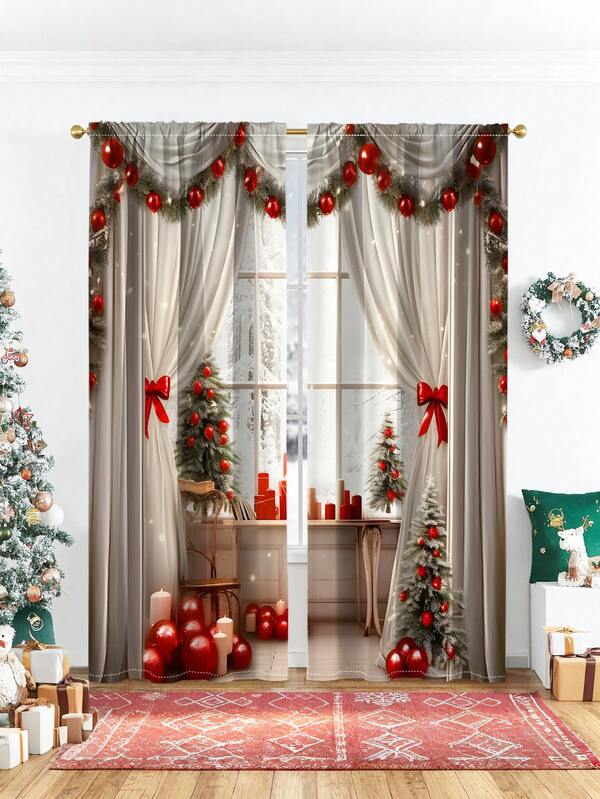 2pcs Christmas Lights, Fireplaces And Festive Atmosphere Patterns Through The Rod Machine Washable And Hand Washable Polyester Fiber Material Curtains Suitable For Festival Decor Home Decor Bedroom Decor Kitchen Docor