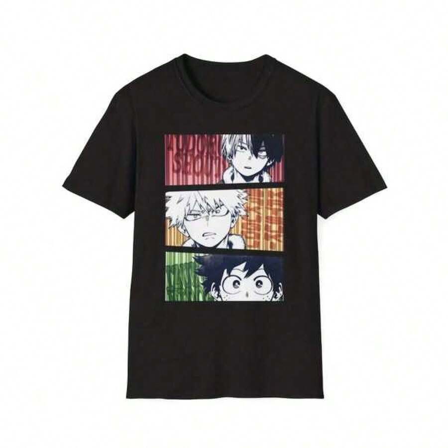 Japan Anime Graphic T Shirt Print Crew Neck T-Shirt Unique Pattern, Novel Design Camia Uni Soft Style Trio Camia Of Deku, Bakugo And Todoroki, Anime Camia, Gift For Anime Fans, Hero Academia Camia. Made Of Pure Cotton Material, Comfortable And Breathable, Suitable For Everyday Casual Style, Machine Washable - màu đen - Xem 1