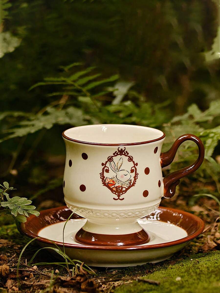 1pc Vintage Rabbit Ceramic Coffee Mug, Polka Dot Embossed Teacup, French Retro Milk Cup, Suitable For Home, Party, All Seasons, Great Gift For Women