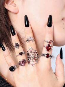 9 قطع مجموعة خواتم قابلة للتكديس بتصميم فضي عتيق، وردة سوداء جوتية، خفاش، قلب، طراز فامبير (للنساء)