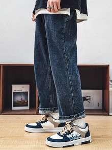 Zapatillas deportivas transpirables para hombre, diseño estampado, zapatillas deportivas con cordones, zapatillas deportivas de skate para hombre con diseño patchwork en bloques de color, zapatillas deportivas para hombre, diseño en bloques de color, calzado informal de moda de inspiración retro. - Azul oscuro - Ver 8