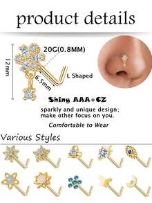 12 PCS Nose Rings Stud L Shape Nose Rings Cubic Zirconia Butterfly Flower Eye Moon Crown Heart Lightning Shape Nose Studs Piercing Jewelry For Women Men 20G Silver Tone