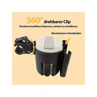 1. 360°旋转杯架兼手机支架 - 高强度ABS一体成型，适用于汽车、轮椅、摩托车、手推车和移动辅助设备 - 无需工具安装，夹式设计，符合人体工程学的手柄和稳固底座 - 兼容杯子和瓶子 - 理想的旅行和通勤配件（非必需） - 多功能免提使用，握持稳固