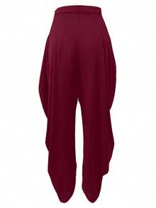 Women's Pleated Solid Color Casual Pants, Fashionable & Minimalist, Spring/Summer, Woven High-Density Matte Fabric 120G, Niche Design, Slimming Effect, Premium Quality - Burgundy - View 3