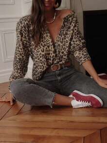 Women Plus Size Leopard Print Knitwear V Neck Long Sleeve Cardigan Regular Fit Medium Stretch Top Cheetah Print Spring Knitwear Vacation - Khaki - View 3