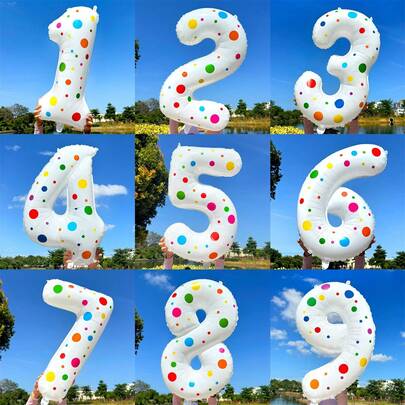 Set de 2 globos digitales de lámina blanca de 32 pulgadas con patrones de puntos, adecuados para decorar fiestas de cumpleaños, reuniones familiares y celebraciones al aire libre