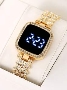 LED Touch Screen Electronic Watch Luxury Rhinestone Digital Bangle Cuff Wrist Watch For Women Girls - Gold - View 3