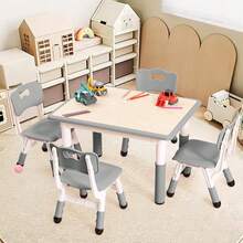 Conjunto de mesa y 4 sillas para niños, escritorio con altura ajustable para edades de 2 a 8 años, mesa para arte y manualidades, escritorio con grafiti, patas antideslizantes, capacidad máxima de 300 lbs, mesa multiactividades infantil para aulas, guarderías y hogar. - Gris - Ver 5