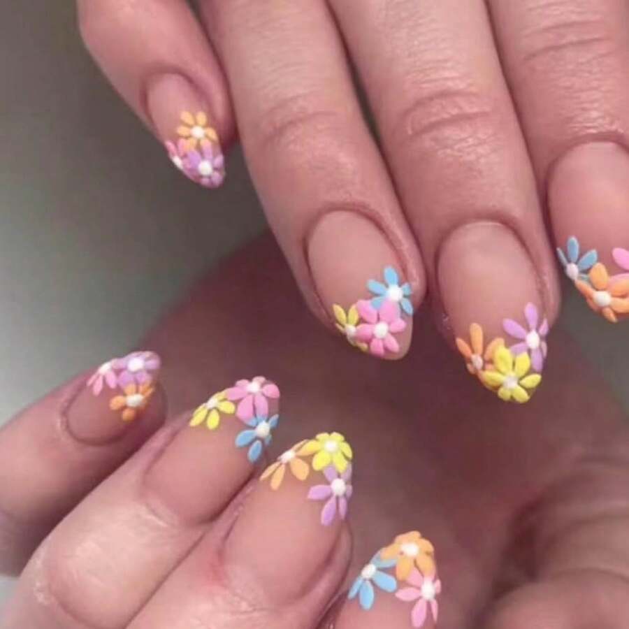 Short Fake Nails Flower Press On Nails Almond Nails Full Cover Acrylic Colorful Flase Nails For Women And FFgirls 24PCS{Inchcolor_nameinch:InchColor3inch} - 顏色3 - 查看 1