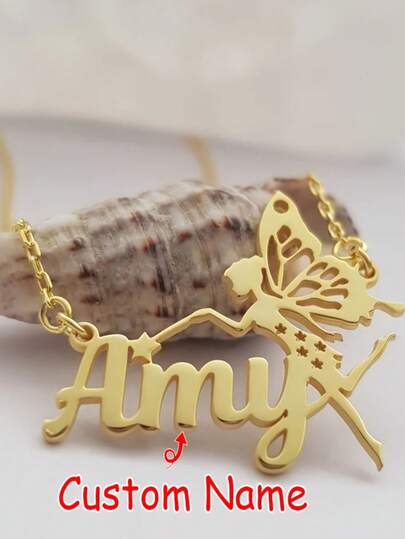 Collar personalizado con nombre en cursiva chapado en oro de 18K de acero inoxidable con decoración de hada, lazo de ángel y estrella - Regalo de joyería duradera para uso diario, accesorios de hada, diseño de ángel, regalo de Navidad, regalo del Día de San Valentín, estilo elegante