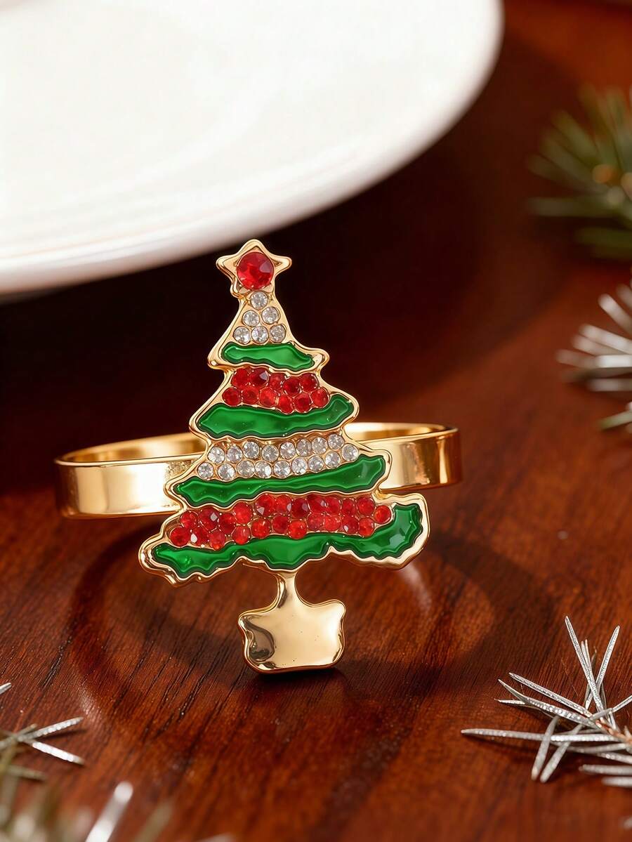 2-12pcs Luxury Christmas Tree Napkin Rings, Crafted With Exquisite Enamel Finish, Made Of High-Quality Alloy Material, Suitable For Weddings, Birthdays, Banquets, Holiday Outdoor Parties, Daily Dining Table Decor, Beautiful Accessories To Celebrate Christmas