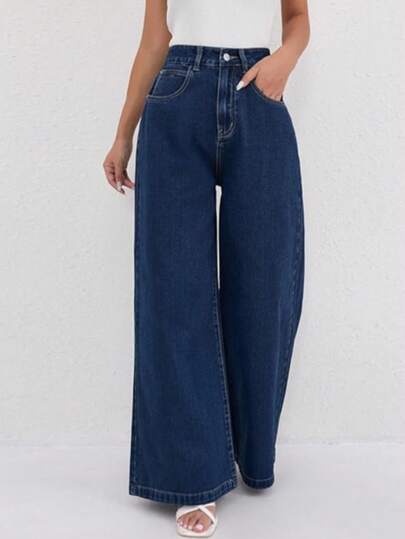 Elegantes jeans largos de mezclilla para mujer, diseño casual de pierna ancha con bolsillo con botón y cremallera, características de alta elasticidad para mayor comodidad.