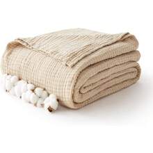 108" X 90" King Size 100% Cotton Cooling And Soft 6-Layer Muslin Throw Blanket, Lightweight Quilt Bedspread Coverlet For Adults All Season, Linen Beige - 01 - Màu be - Xem 3