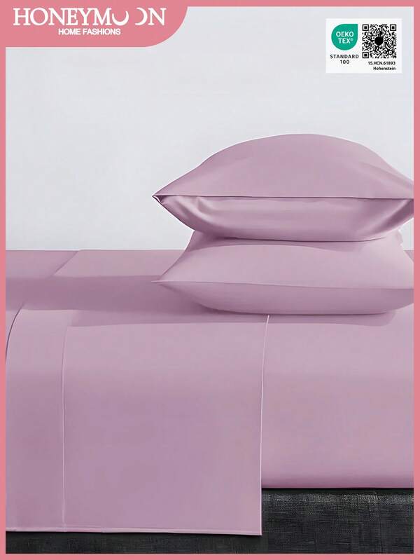 3/4 Piece Solid Color Bedding Set, Soft, Comfortable, Breathable, Hotel-Grade Luxury Home Bedding For Summer, Available In Single, Double, Queen, King Sizes, Includes 1 Or 2 Pillowcases, 1 Bed Sheet, And 1 Fitted Sheet, Ideal For Room Decor And Gifts, Suitable For Home And Dorm, Oeko-Tex Certified