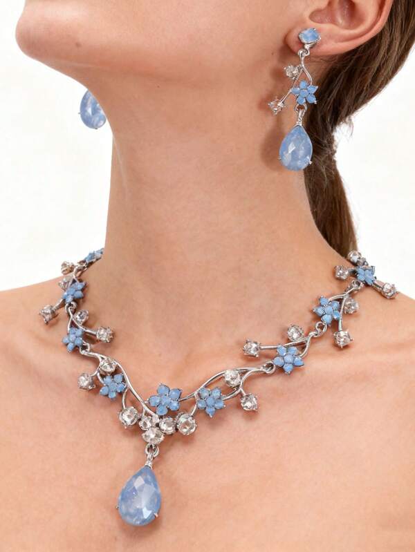 New Vintage Rhinestone Flower & Teardrop Pendant Necklace, Delicate Luxurious Fashion Necklace For Women