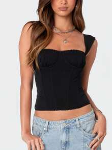 Women Polka Dots Crop Tops Y2k Sleeveless Open Back Slim Fit Solid Color Cropped Tank Tops Aesthetic Backless Cami Tops Summer Cute Going Out Tops Casual Streetwear - 黑色 - 查看 4