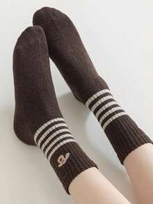 5 Pairs Women's Cute Puppy Jacquard Warm Striped Mid-Calf Socks, Breathable For Autumn/Winter