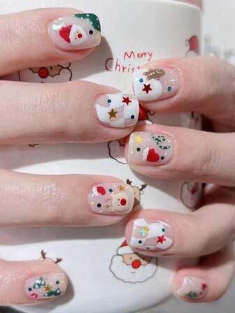 24 piezas por set de uñas postizas de forma cuadrada con diseños navideños de Papá Noel, árboles de Navidad y hombres de jengibre, adecuadas para chicas atrevidas, damas de oficina, fiestas, citas y uso diario. Perfectas para fiestas y ocasiones festivas.