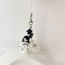 1 New Korean Style Cute Fish Eating Cat Phone Strap Keychain Cartoon Little Fish Planet Plush Bead Phone Chain Backpack Car Keychain, Party/Birthday/Festival Gift For School Use - 黑色手機掛繩 - 查看 2