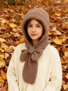 1 peça de gorro de malha texturizado de poliéster de cor sólida com protetor de pescoço e orelha, gorro quente 3 em 1, melhor presente para a mãe no inverno, acessórios de inverno, roupas de inverno