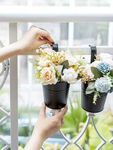 1 Peça Vaso de Flores de Ferro Suspenso para Cerca, Varanda, Jardim, Decoração Doméstica, Suporte de Flores com Ganchos Removíveis, Preto, Multicor