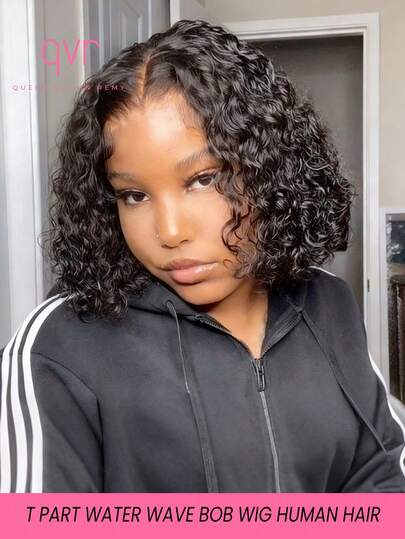 QVR QUEEN VIRGIN REMY Peruca Bob Encaracolada com Parte QVR, Peruca Bob de Cabelo Humano com Frente de Renda, Encaracolado Curto, Peruca Bob de Renda Pré-Desfiada com Cabelo de Bebê, Onda de Água Bob Peruca 8 Polegadas